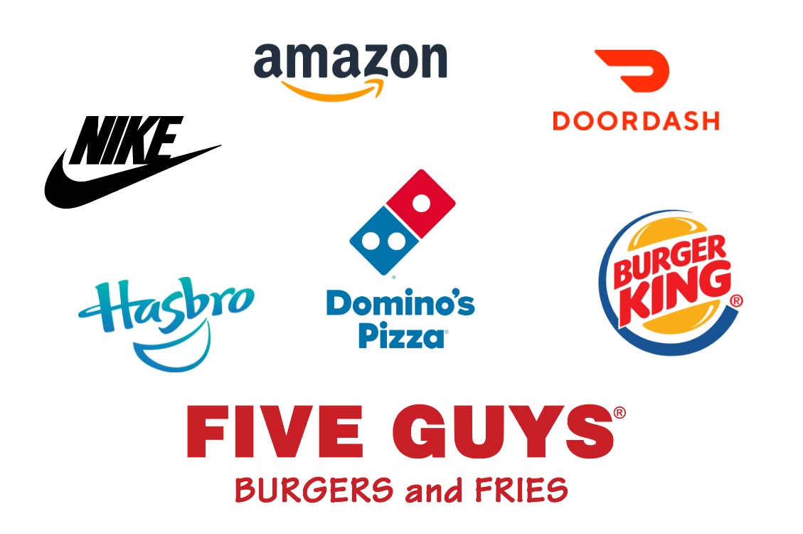 Company logos: Amazon, Nike, Doordash, Hasbro, Domino's Pizza, Burger King, Five Guys Burgers and Fries