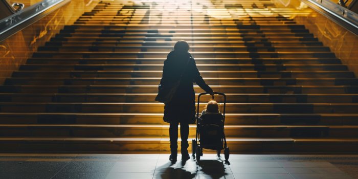 A person with a baby stroller in front of big stairs