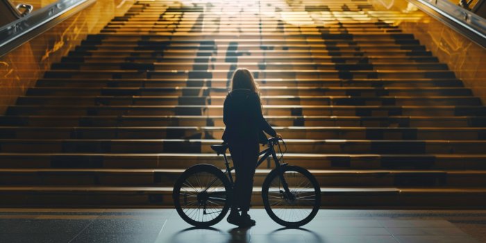 A person on a bicycle in front of big stairs