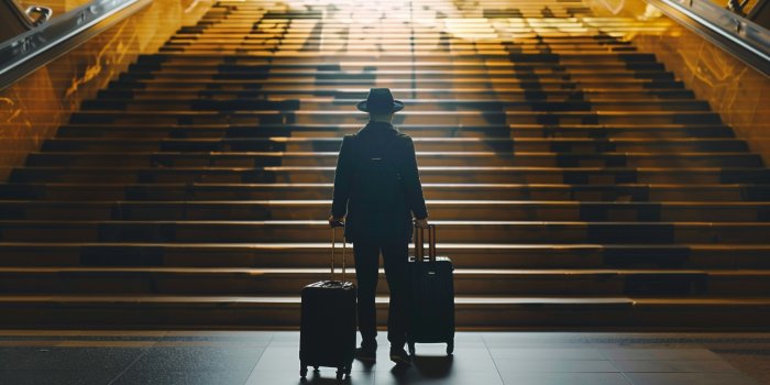 A person with two trolleys in front of big stairs