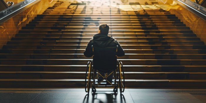 A person in a wheelchair in front of big stairs